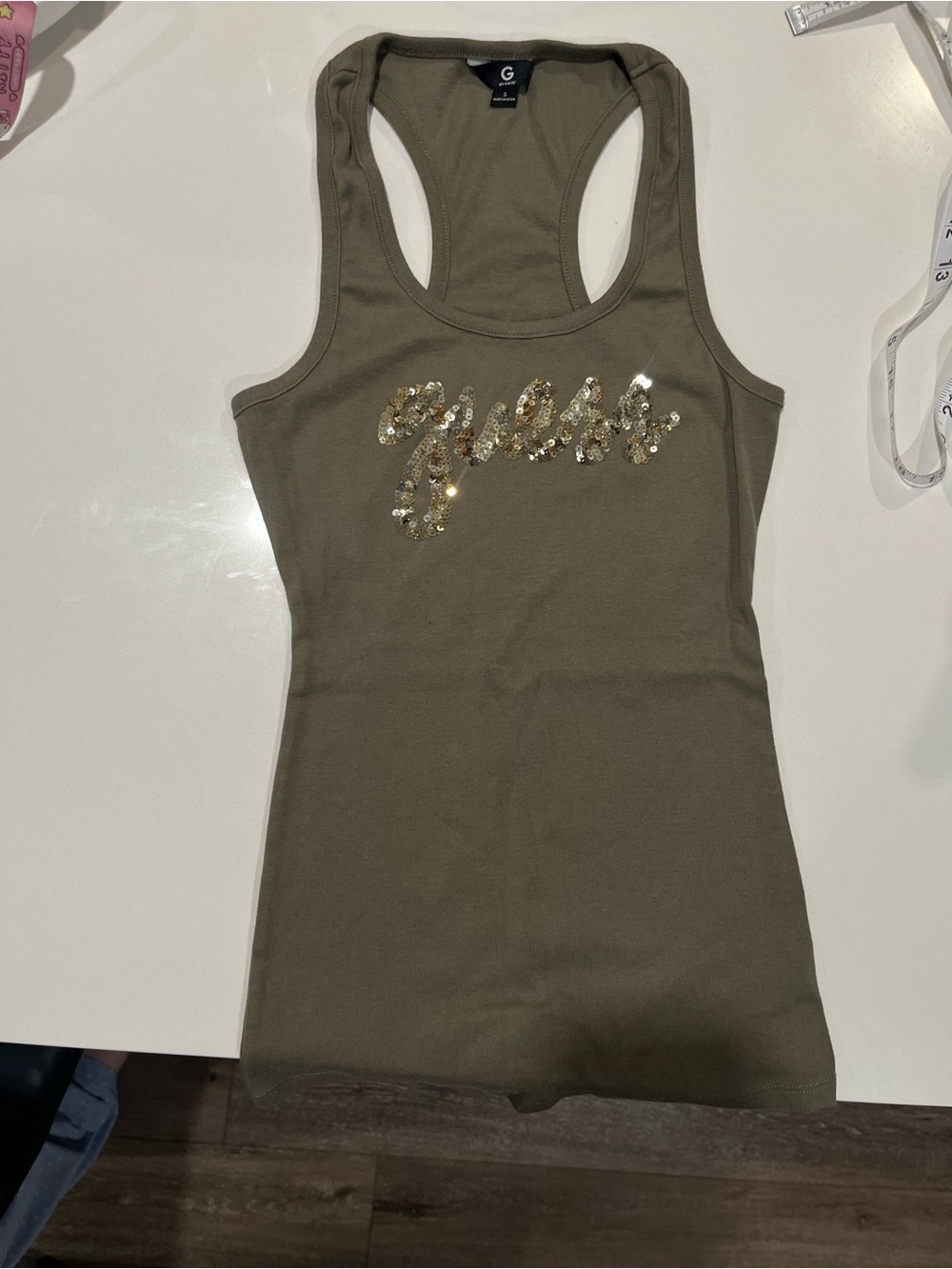 G by Guess Olive Green Sequin Logo Racerback Tank Top